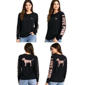 NWOT PINK Victoria’s Secret Size S Black Sequin Dog LOVE PINK Logo Long Sleeve
